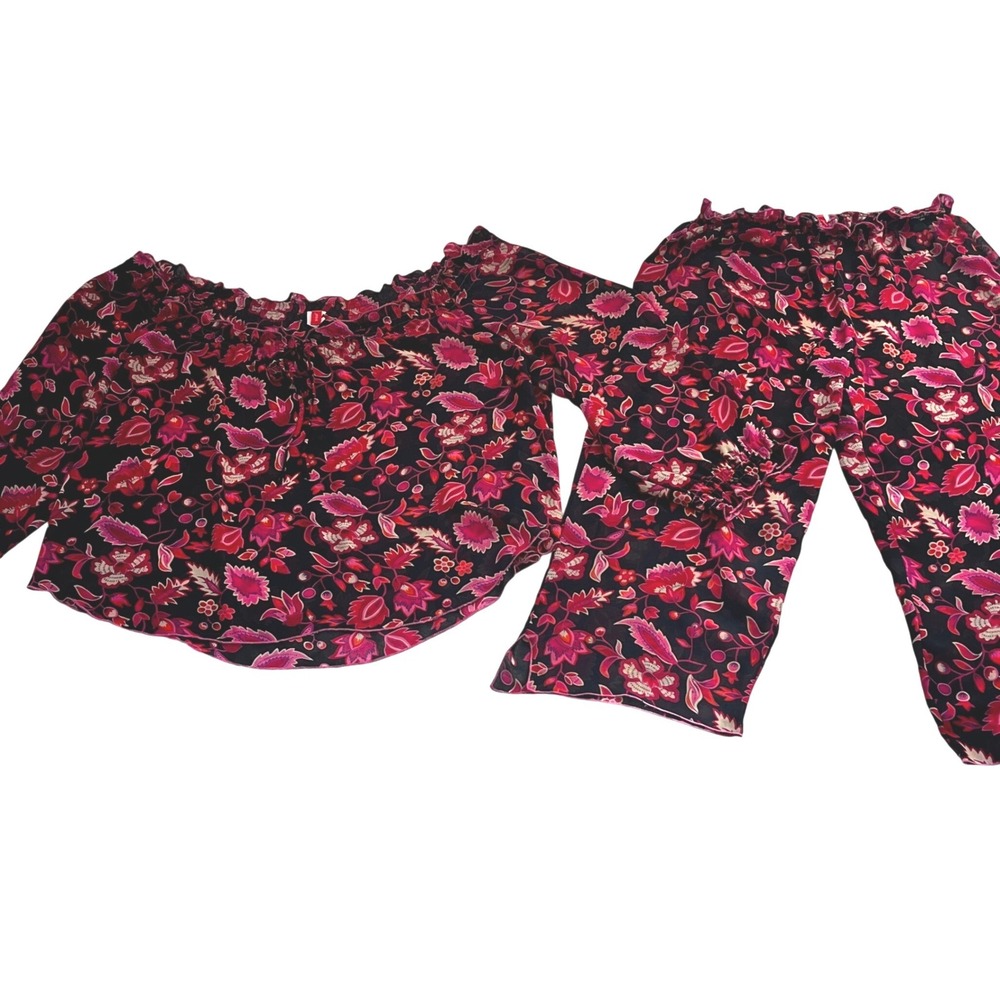 Josie‎ Natori Floral Paisley Pajama Set Pink Red Black Sheer Wide Leg L Romantic